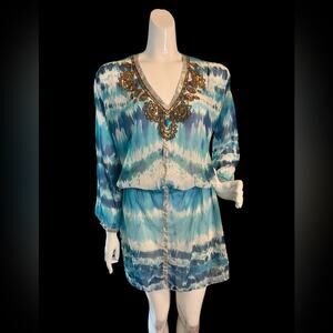 VIERA EUC Aqua Blue White Swim Coverup with waist belt Size Medium